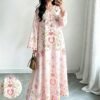 shein najma فستان كم طويل بياقة v مزخرف بنقشة زهور صغيرة، إطلالة أنيقة وراقية، فستان شيفون ماكسي مع ياقة، مناسب للربيع والصيف 2