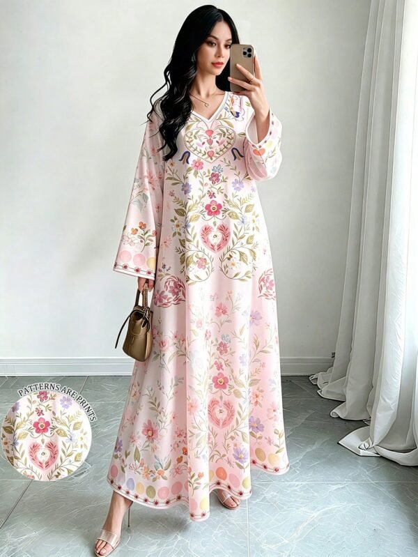 shein najma فستان كم طويل بياقة v مزخرف بنقشة زهور صغيرة، إطلالة أنيقة وراقية، فستان شيفون ماكسي مع ياقة، مناسب للربيع والصيف 2