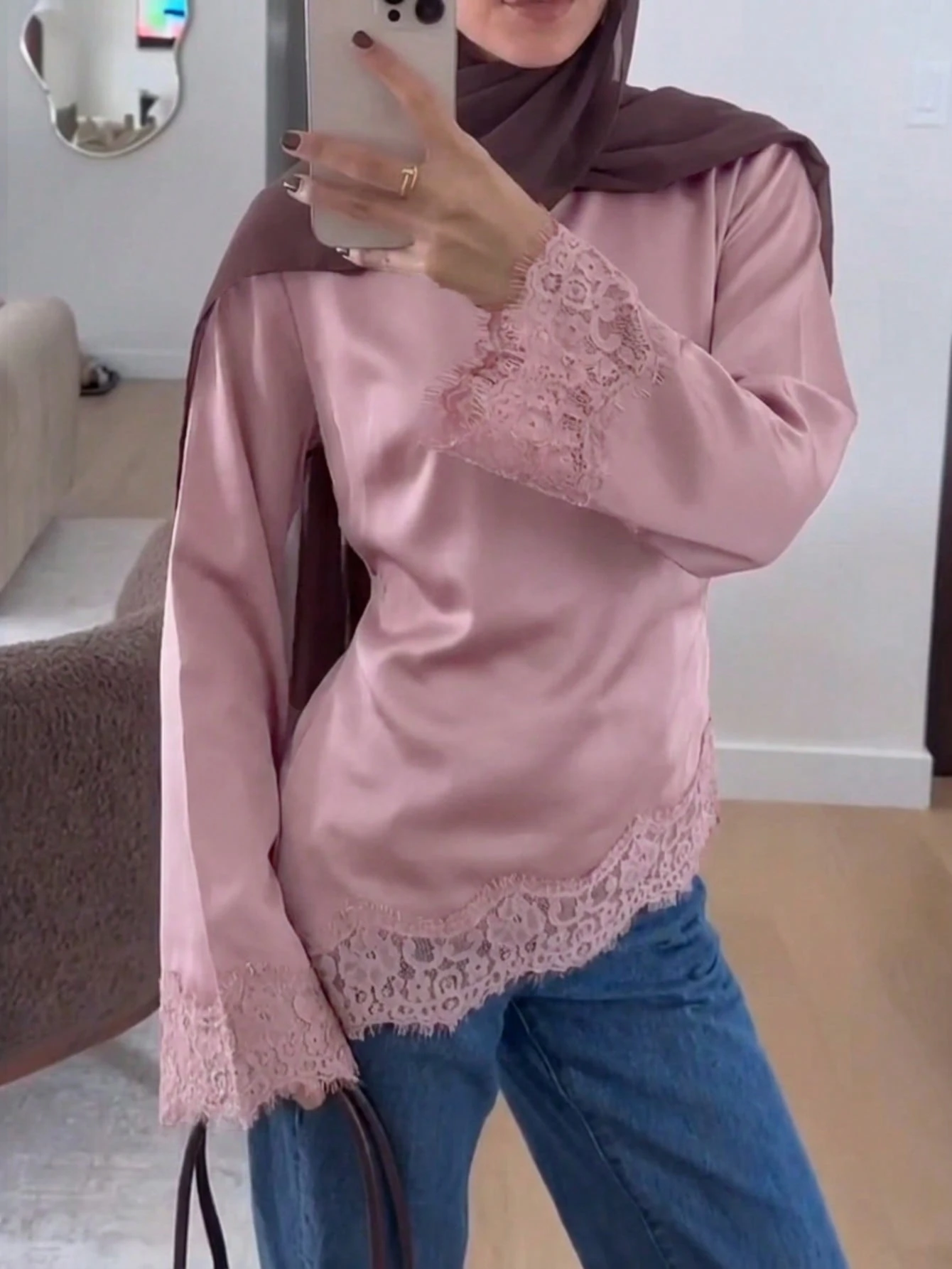 ملابس علوية ساتان أنيقة للنساء للتنقل، ملابس علوية طويلة الأكمام بياقة مستديرة ومرقعة بالدانتيل وربطة الخصر، قماش منسوج أحادي اللون مرقع بالدانتيل غير متماثل/غير متماثل أنيقة للمكتب والاستخدام اليومي والمواعيد أبيض شبه شفاف وردي 19