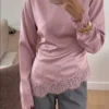 ملابس علوية ساتان أنيقة للنساء للتنقل، ملابس علوية طويلة الأكمام بياقة مستديرة ومرقعة بالدانتيل وربطة الخصر، قماش منسوج أحادي اللون مرقع بالدانتيل غير متماثل/غير متماثل أنيقة للمكتب والاستخدام اليومي والمواعيد أبيض شبه شفاف وردي 18
