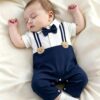 shein رومبير مولود جديد للأولاد باللونين الأسود والأبيض مع ديكور دب وربطة عنق بدلة رسمية للتعميد والعماد 3