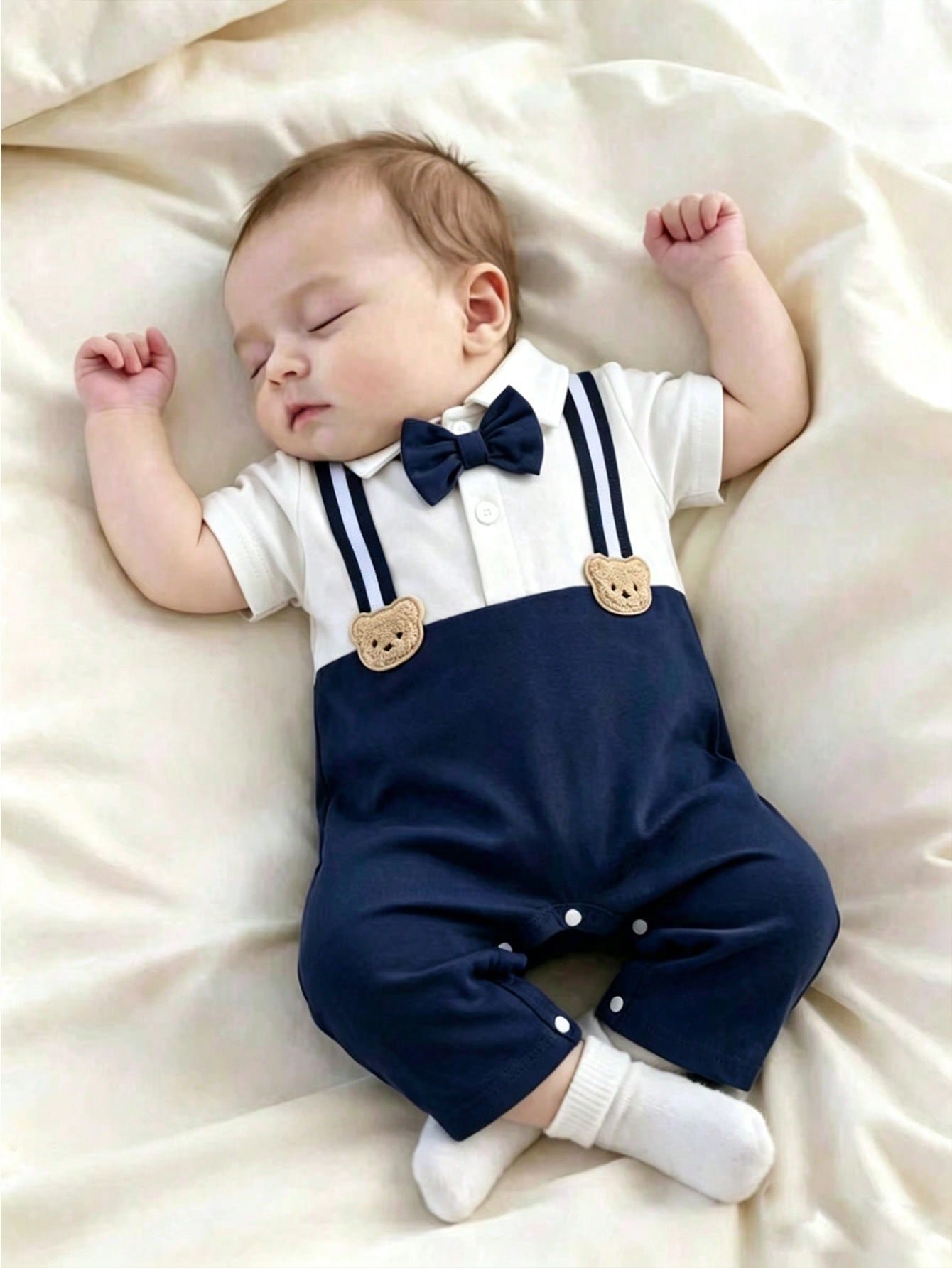 shein رومبير مولود جديد للأولاد باللونين الأسود والأبيض مع ديكور دب وربطة عنق بدلة رسمية للتعميد والعماد 3