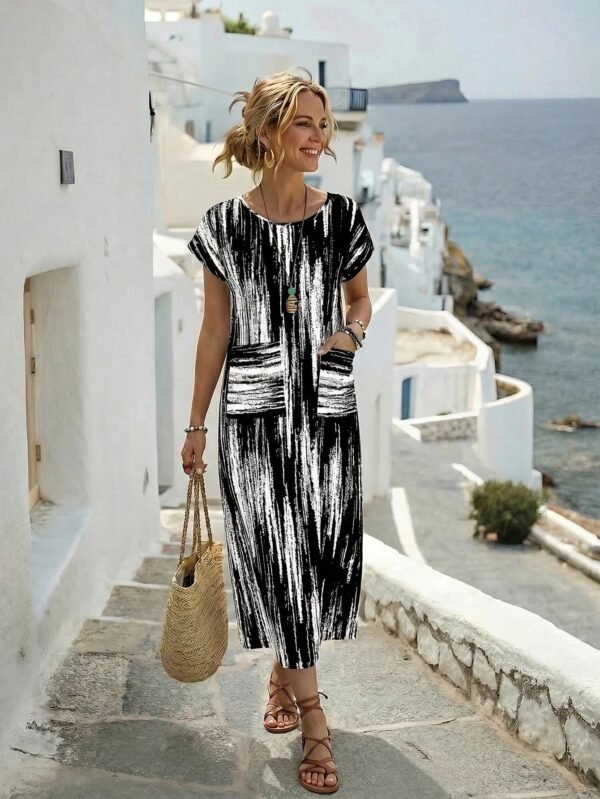 shein lune فستان نسائي بياقة مستديرة وأكمام قصيرة بخفقان الخفيفة مع طباعة هندسية لإجازة shein lune فستان نسائي بياقة مستديرة وأكمام قصيرة بخفقان الخفيفة مع طباعة هندسية لإجازة