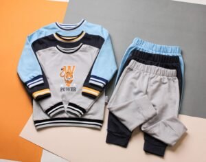 pexels photo 32233564 32233564 Trendy kids' sweatshirts and pants set featuring a tiger emblem and 'Power' text, perfect for casual wear.