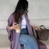 1 قطعة فستان نسائي طويل الأكمام بأسلوب الساتان/جلابية، خصر بحزام مع تصميم مشقوق، قماش منسوج، أسلوب بوهيمي، مثالي للارتداء اليومي، ساتان لطيف على البشرة، قابل للتنفس وبارد 1