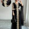 rafferiza عباءة نسائية طويلة الأكمام بتصميم لوحات متناسقة، فستان كفتان بلون أحادي مع تطريز دانتيل 1