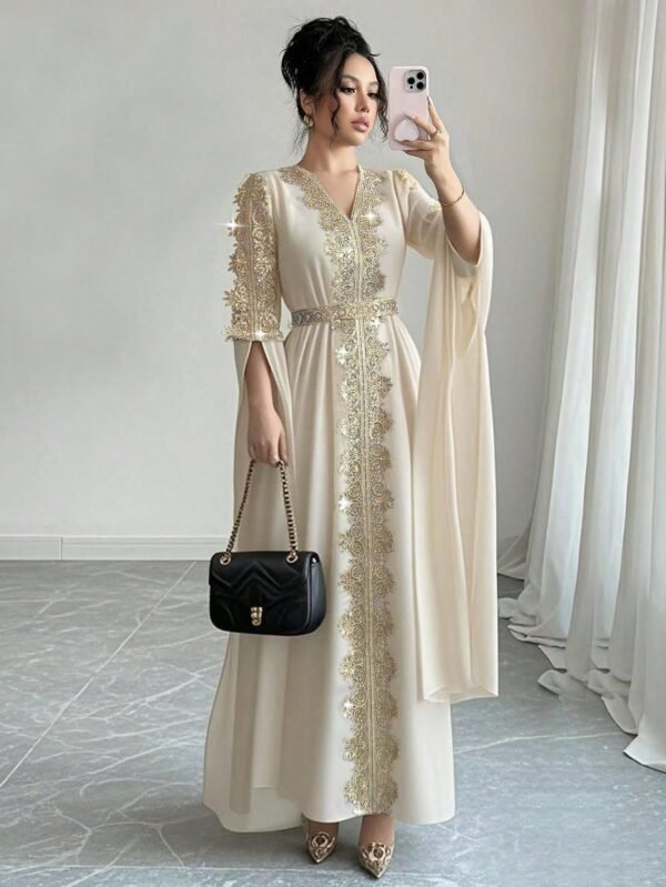 rafferiza عباءة نسائية طويلة الأكمام بتصميم لوحات متناسقة، فستان كفتان بلون أحادي مع تطريز دانتيل rafferiza عباءة نسائية طويلة الأكمام بتصميم لوحات متناسقة، فستان كفتان بلون أحادي مع تطريز دانتيل