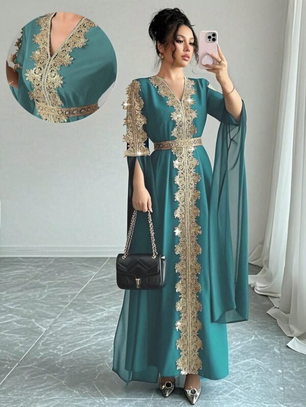 rafferiza عباءة نسائية طويلة الأكمام بتصميم لوحات متناسقة، فستان كفتان بلون أحادي مع تطريز دانتيل 3