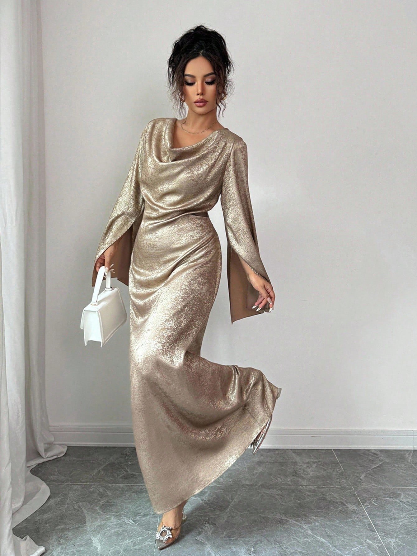 selianne فستان أنيق بأكمام واسعة معدنية للنساء 7