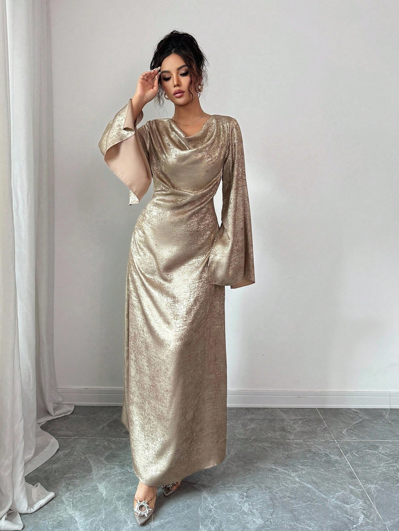 selianne فستان أنيق بأكمام واسعة معدنية للنساء 9