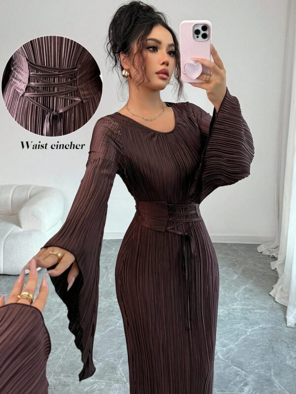 elenzga فستان أنيق بأكمام واسعة ذو لون أحادي 3