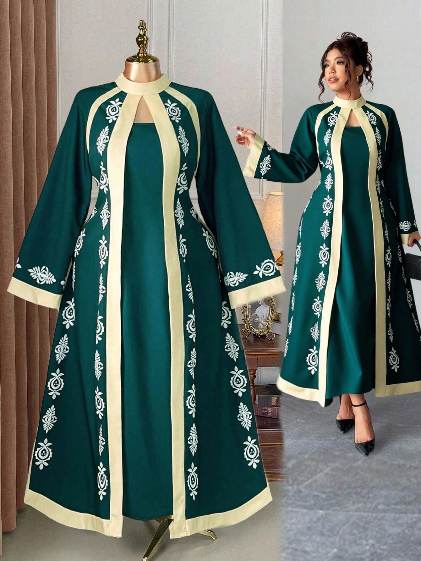 rometta فستان نسائي بحجم كبير من قطعة واحدة، أنيق وبأسلوب عطلة، مطبوع بياقة مزيفة وأكمام واسعة، قصة ضيقة إحساس بالحزن جمالية الأربعاء 1