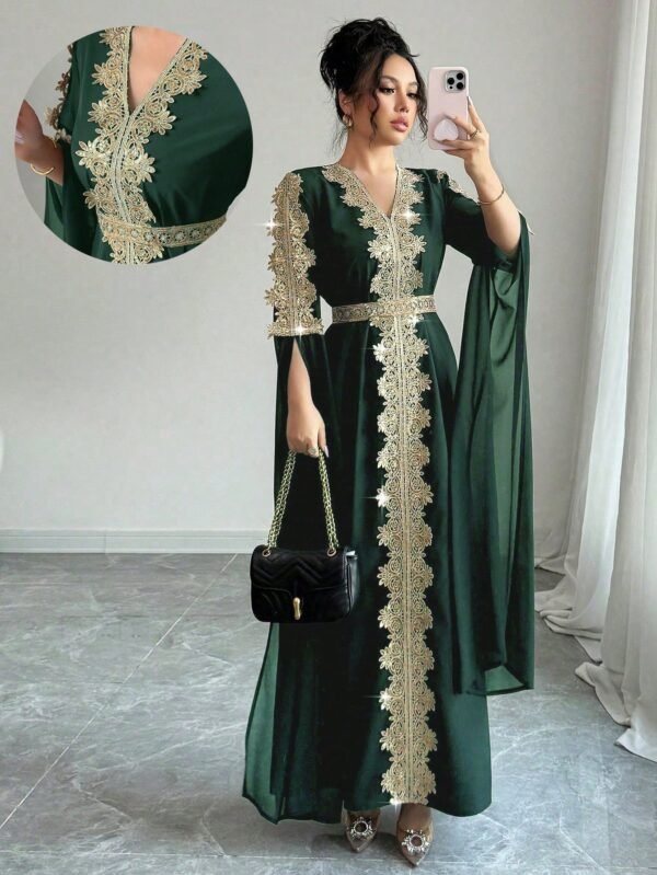 rafferiza عباءة نسائية طويلة الأكمام بتصميم لوحات متناسقة، فستان كفتان بلون أحادي مع تطريز دانتيل 4