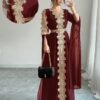 rafferiza عباءة نسائية طويلة الأكمام بتصميم لوحات متناسقة، فستان كفتان بلون أحادي مع تطريز دانتيل 2