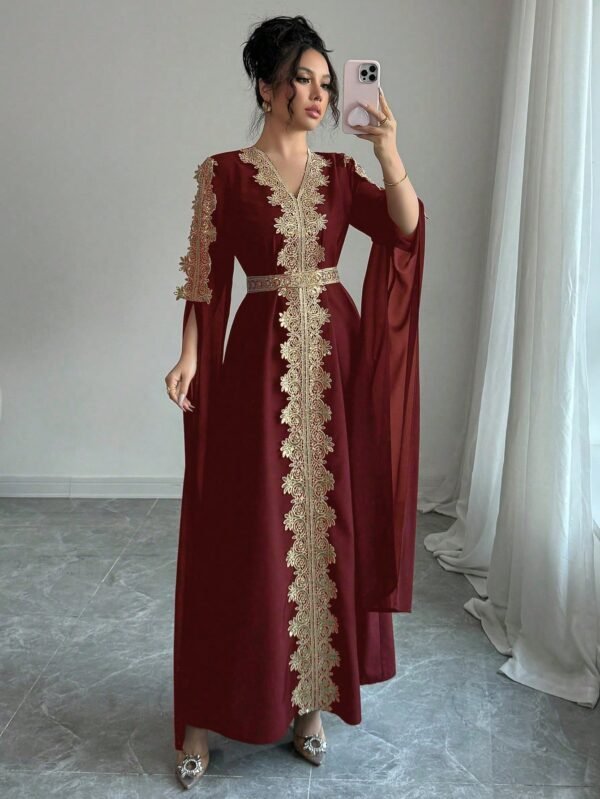 rafferiza عباءة نسائية طويلة الأكمام بتصميم لوحات متناسقة، فستان كفتان بلون أحادي مع تطريز دانتيل 10