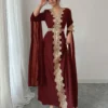 rafferiza عباءة نسائية طويلة الأكمام بتصميم لوحات متناسقة، فستان كفتان بلون أحادي مع تطريز دانتيل 11