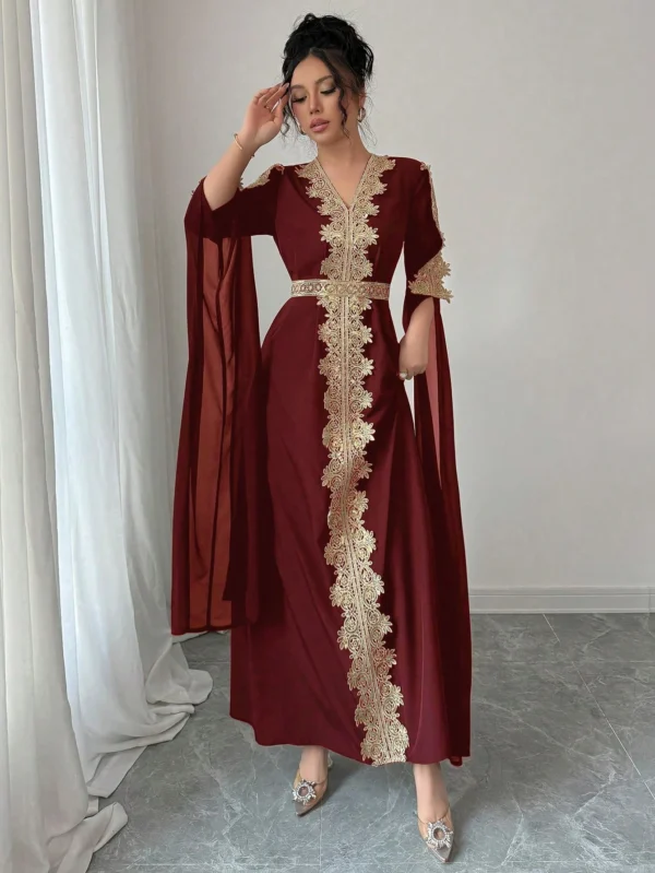 rafferiza عباءة نسائية طويلة الأكمام بتصميم لوحات متناسقة، فستان كفتان بلون أحادي مع تطريز دانتيل 11