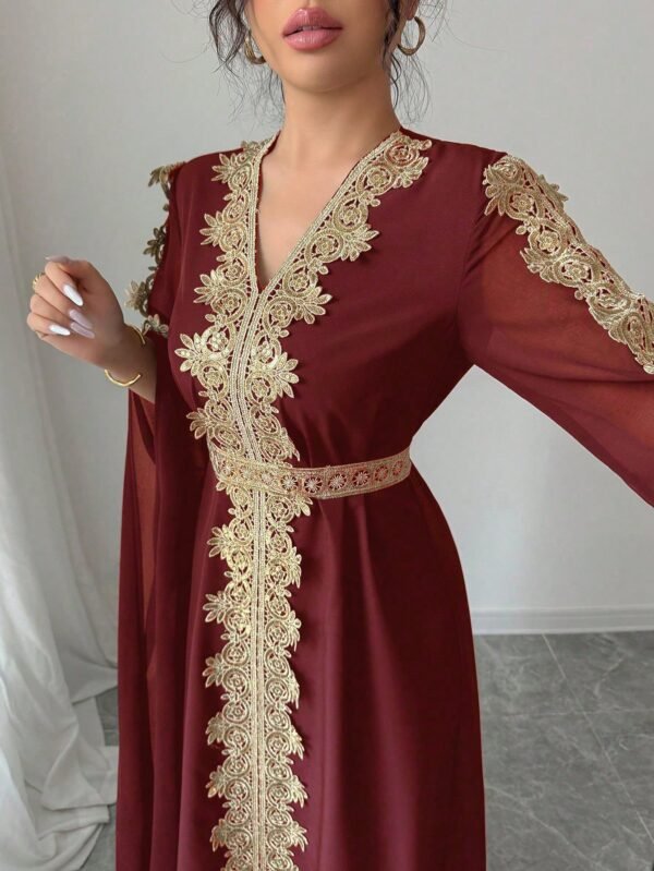 rafferiza عباءة نسائية طويلة الأكمام بتصميم لوحات متناسقة، فستان كفتان بلون أحادي مع تطريز دانتيل 12