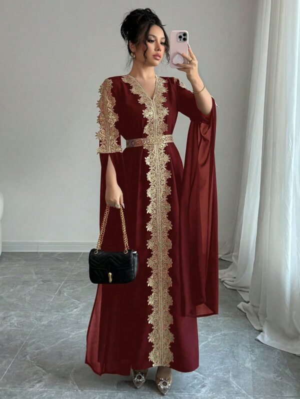 rafferiza عباءة نسائية طويلة الأكمام بتصميم لوحات متناسقة، فستان كفتان بلون أحادي مع تطريز دانتيل 13