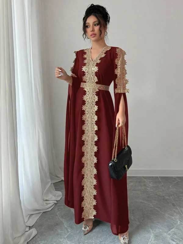 rafferiza عباءة نسائية طويلة الأكمام بتصميم لوحات متناسقة، فستان كفتان بلون أحادي مع تطريز دانتيل 14