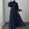 veilorie فستان أنيق بياقة مندرين وأكمام فانوس مع تريم كشكش ذو لون أحادي 3