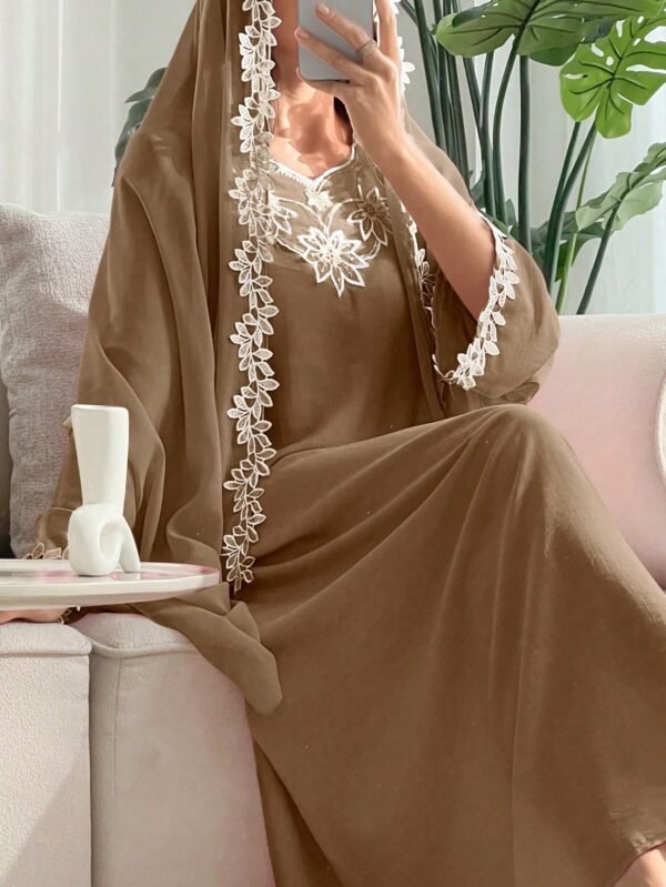 shein najma فستان رقبة دائرية مطرز بزخارف ورقية وازهار، مع طرحة طويلة، فستان جميل وحتشم للسيدات 3