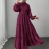 veilorie فستان أنيق بياقة مندرين وأكمام فانوس مع تريم كشكش ذو لون أحادي 7
