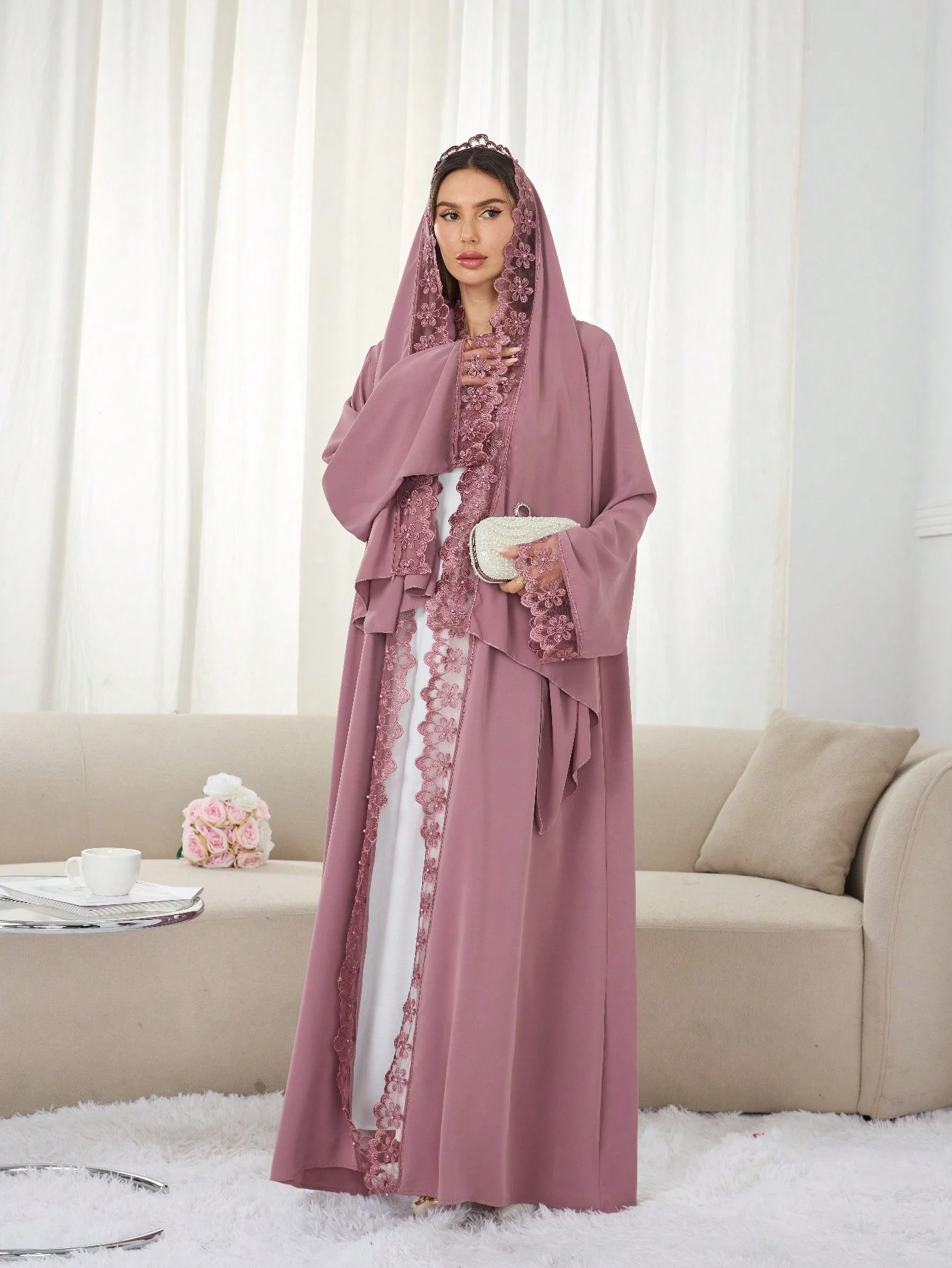 solessence 1 طقم حجاب + فستان إسلامي أبايا متوسط الطول، عباءة تركية دبي مع وشاح، مناسب للنساء للاستخدام اليومي في الربيع 4