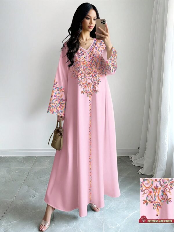 shein najma فستان ماكسي أنيق بطبعة رقمية ملونة بنمط الكرمة، طويل الأكمام وياقة على شكل حرف v، للربيع والخريف 6