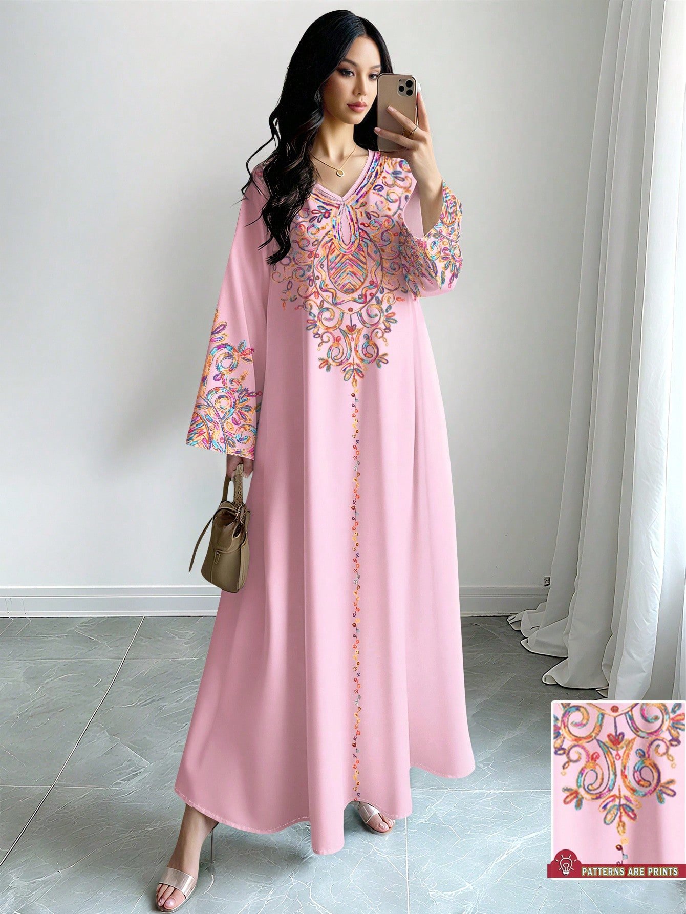shein najma فستان ماكسي أنيق بطبعة رقمية ملونة بنمط الكرمة، طويل الأكمام وياقة على شكل حرف v، للربيع والخريف 6