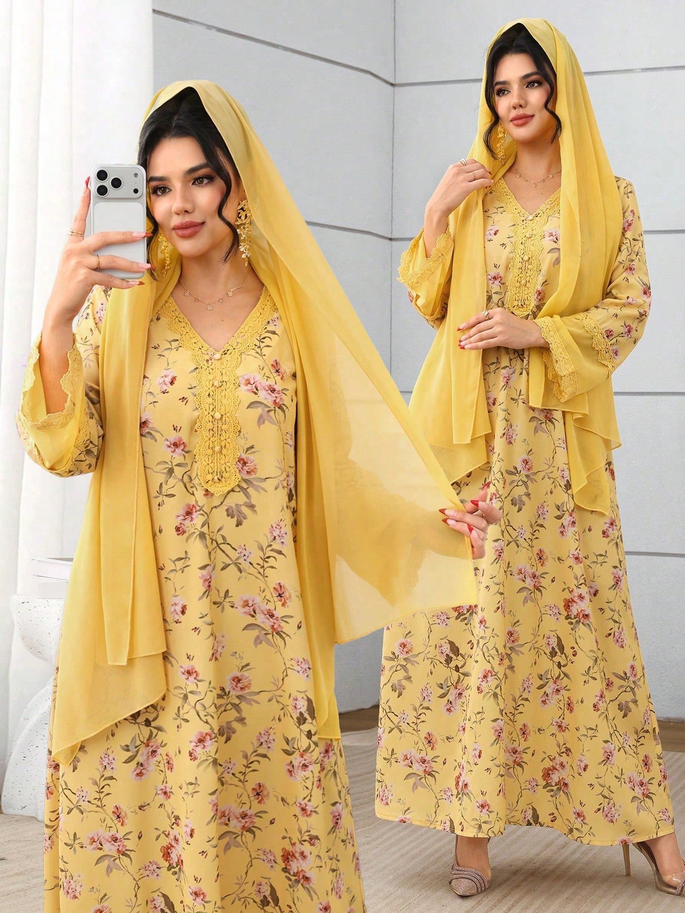 yasmyna فستان شيفون بياقة على شكل حرف v مع لمسات من الدانتيل والطباعة الزهرية مع وشاح الرأس، وردي 11