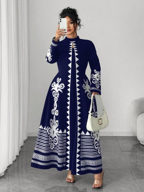 elenzga فستان ماكسي كاجوال طويل مطبوع بطبعة زهرية فاخرة مقاس كبير، فستان ماكسي أنيق مطبوع بطبعة هندسية مقاس كبير، مناسب للنساء للارتداء في المكتب في فصل الخريف 10