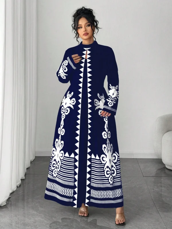 elenzga فستان ماكسي كاجوال طويل مطبوع بطبعة زهرية فاخرة مقاس كبير، فستان ماكسي أنيق مطبوع بطبعة هندسية مقاس كبير، مناسب للنساء للارتداء في المكتب في فصل الخريف 11