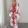 elenzga فستان نسائي أحمر وأبيض، صيفي، أنيق، للعطلات، لضيوف الزفاف، عيد الأضحى، بتصميم ريترو بياقة v وأكمام طويلة وخصر محدد وقصة a line مطبوع لعيد الحب 9
