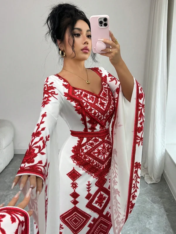 elenzga فستان نسائي أحمر وأبيض، صيفي، أنيق، للعطلات، لضيوف الزفاف، عيد الأضحى، بتصميم ريترو بياقة v وأكمام طويلة وخصر محدد وقصة a line مطبوع لعيد الحب 11
