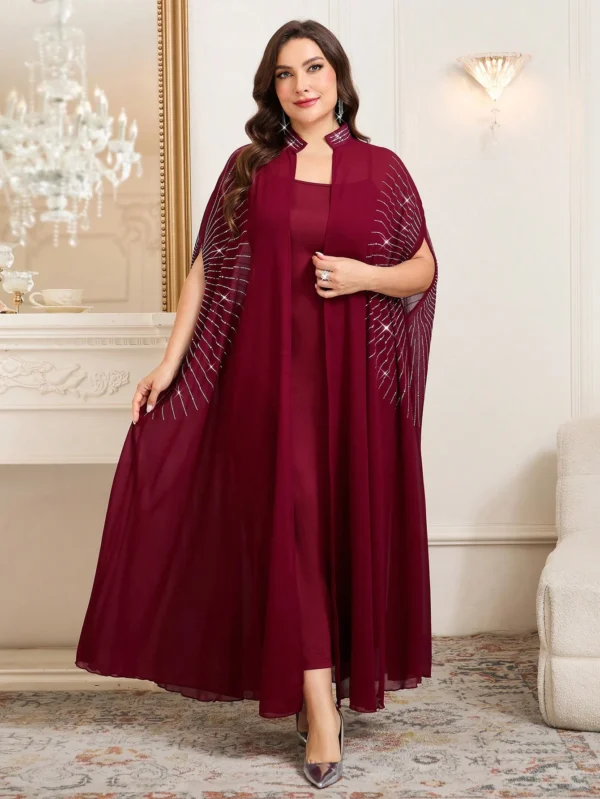 shein clasi مجموعة قطعتين من رداء وفستان نوم مزين بالراين ستون مع أكمام على شكل خفاش للنساء ذوات الحجم الكبير، أنيقة 9