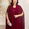 shein clasi مجموعة قطعتين من رداء وفستان نوم مزين بالراين ستون مع أكمام على شكل خفاش للنساء ذوات الحجم الكبير، أنيقة 11