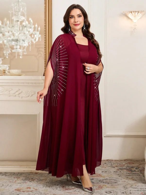 shein clasi مجموعة قطعتين من رداء وفستان نوم مزين بالراين ستون مع أكمام على شكل خفاش للنساء ذوات الحجم الكبير، أنيقة 14