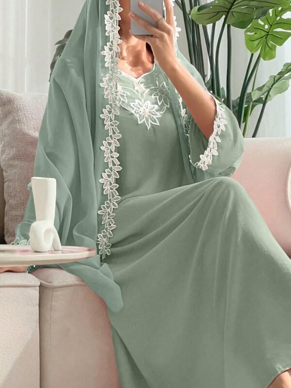 shein najma فستان رقبة دائرية مطرز بزخارف ورقية وازهار، مع طرحة طويلة، فستان جميل وحتشم للسيدات 2