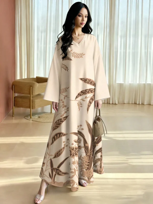 shein najma فستان ماكسي أنيق بطبعة رقمية ملونة بنمط الكرمة، طويل الأكمام وياقة على شكل حرف v، للربيع والخريف 16