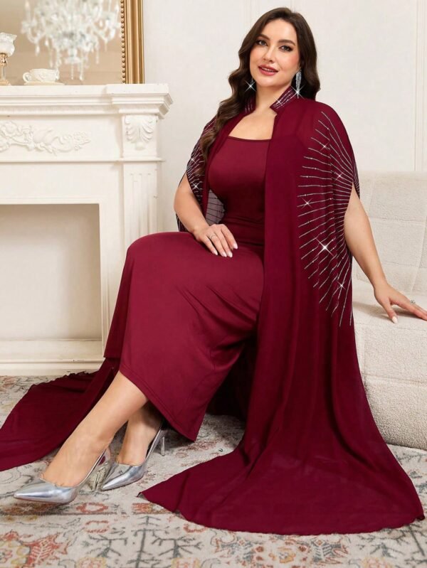 shein clasi مجموعة قطعتين من رداء وفستان نوم مزين بالراين ستون مع أكمام على شكل خفاش للنساء ذوات الحجم الكبير، أنيقة 15
