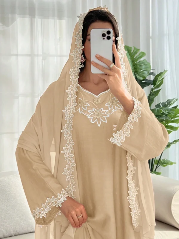 shein najma فستان رقبة دائرية مطرز بزخارف ورقية وازهار، مع طرحة طويلة، فستان جميل وحتشم للسيدات 7