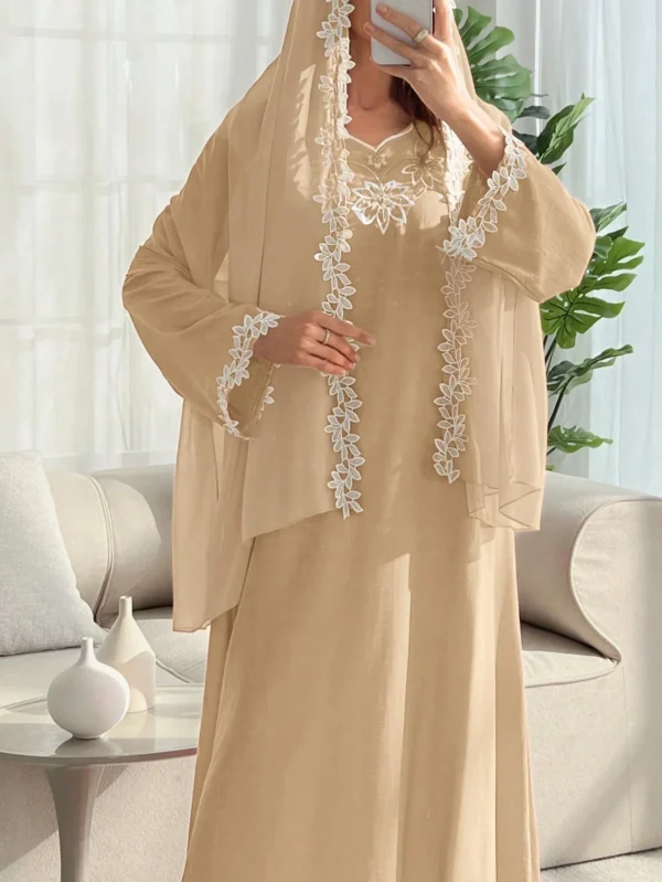 shein najma فستان رقبة دائرية مطرز بزخارف ورقية وازهار، مع طرحة طويلة، فستان جميل وحتشم للسيدات 9