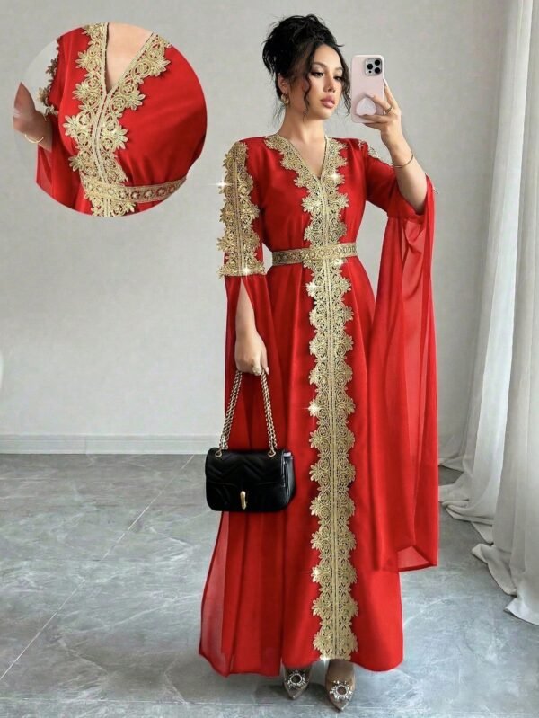 rafferiza عباءة نسائية طويلة الأكمام بتصميم لوحات متناسقة، فستان كفتان بلون أحادي مع تطريز دانتيل 5