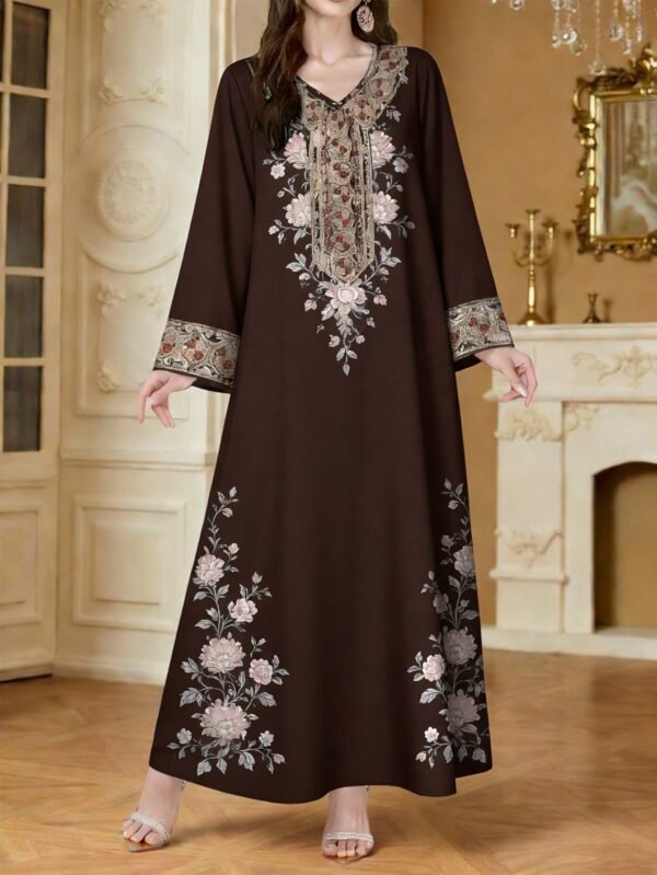shein najma فستان ماكسي أنيق بطبعة رقمية ملونة بنمط الكرمة، طويل الأكمام وياقة على شكل حرف v، للربيع والخريف 5