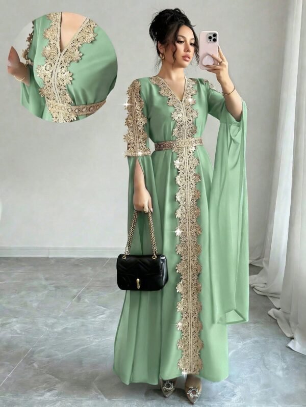 rafferiza عباءة نسائية طويلة الأكمام بتصميم لوحات متناسقة، فستان كفتان بلون أحادي مع تطريز دانتيل 7