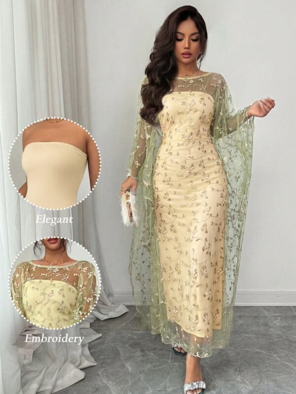 shein raffinéa فستان بانديو مطرز بزخارف أنيقة وبطبقة شفافة تكشف عن الشكل الخارجي، طقم قطعتين مناسب للحفلات والتجمعات في فصلي الربيع والصيف 4