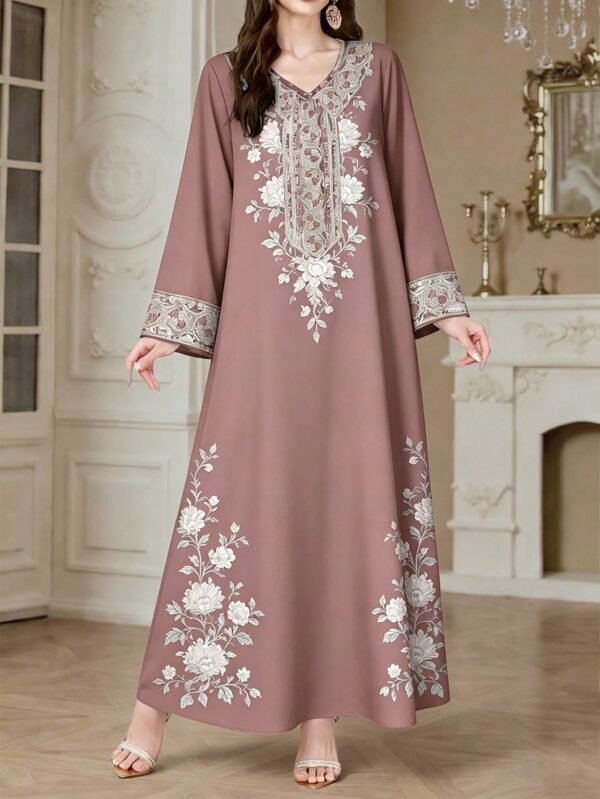 shein najma فستان ماكسي أنيق بطبعة رقمية ملونة بنمط الكرمة، طويل الأكمام وياقة على شكل حرف v، للربيع والخريف 8