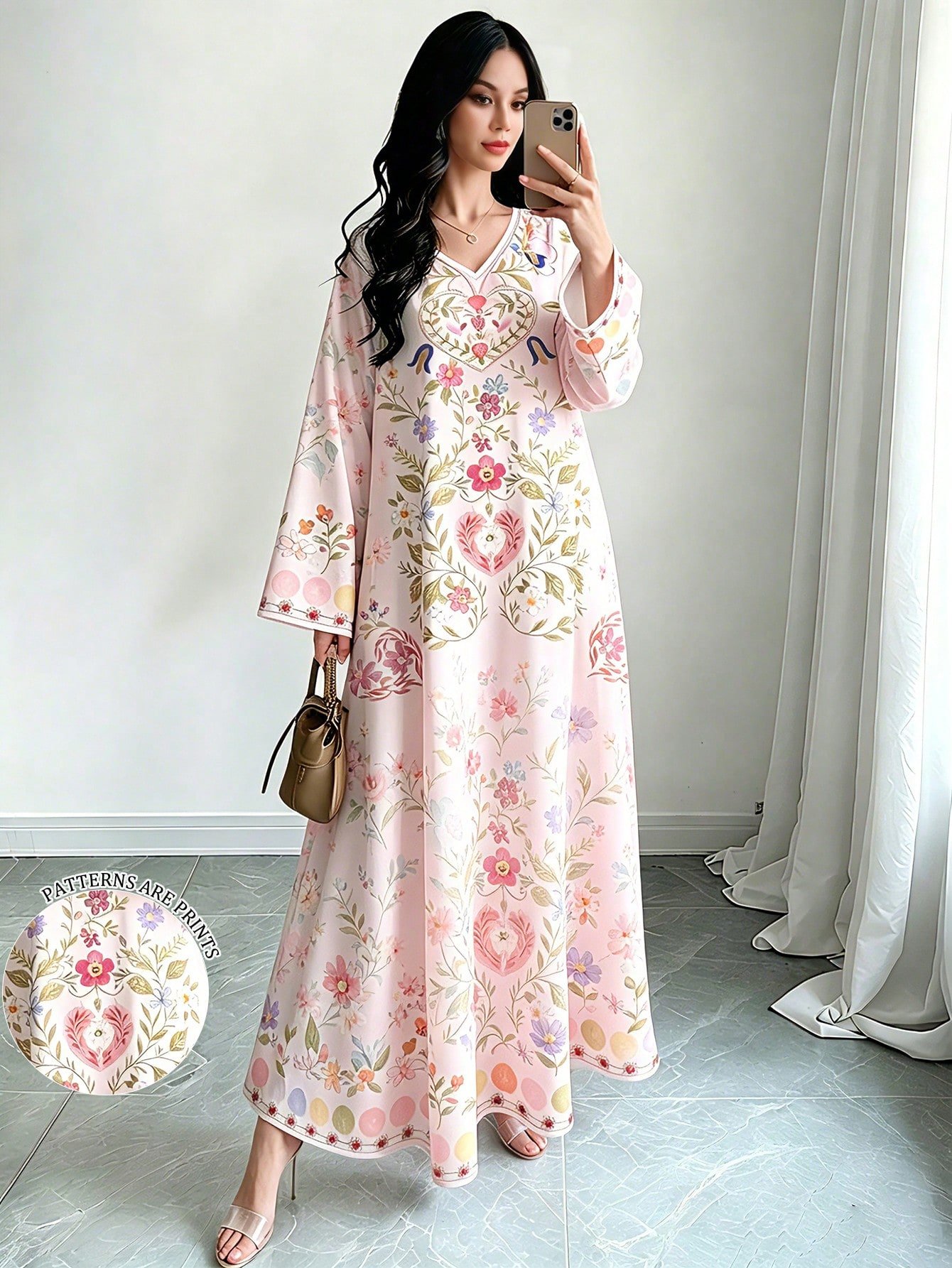 shein najma فستان ماكسي أنيق بطبعة رقمية ملونة بنمط الكرمة، طويل الأكمام وياقة على شكل حرف v، للربيع والخريف 2